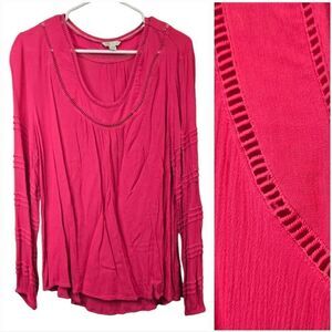 CATO 18/20 Hot Pink Crepe Blouse Long Sleeve Ladder Lace Plus Size Top Bohemian